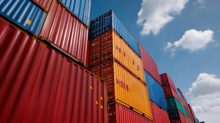 Fototapeta premium Colorful Stack of Shipping Containers Against Blue Sky with Clouds, Symbolizing Global Trade and Transportation Logistics in Modern Industry