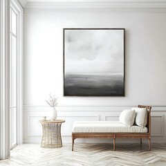 Modern Minimalist Living Room Interior with Abstract Artwork, Bench, and Side Table.