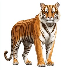 Naklejka premium A majestic tiger stands confidently, showcasing its striking orange coat with black stripes, symbolizing strength and beauty in the animal kingdom.