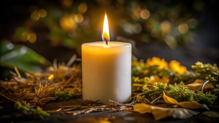 A Single White Candle Burning Amongst Autumnal Foliage