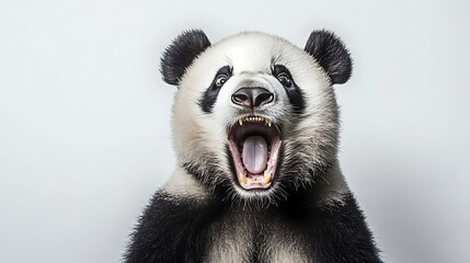 A panda bear yawning with its mouth wide open, revealing its teeth on a white background