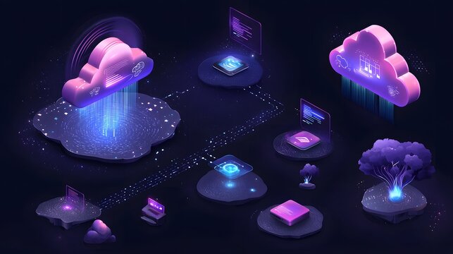 Futuristic cloud computing scene with holographic data streams and icons for backup and sharing