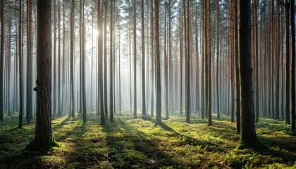 Obraz premium Foggy morning in a dense pine forest with sunshine.