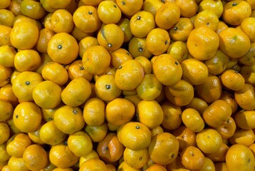 a bountiful display of ripe mandarins, piled high in a market stall. The bright orange hue of the fruits creates a visually appealing and appetizing scene. 