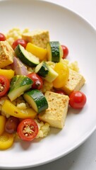 Vegan protein breakfast tofu scramble with mixed vegetables and turmeric