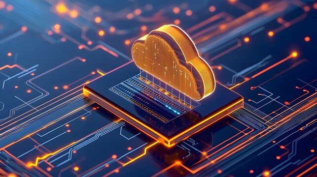 Networked cloud computing concept with bright, interconnected icons and glowing storage points