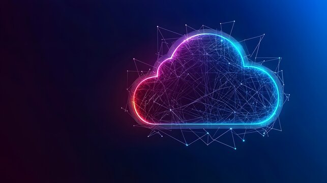 Networked cloud computing concept with bright, interconnected icons and glowing storage points