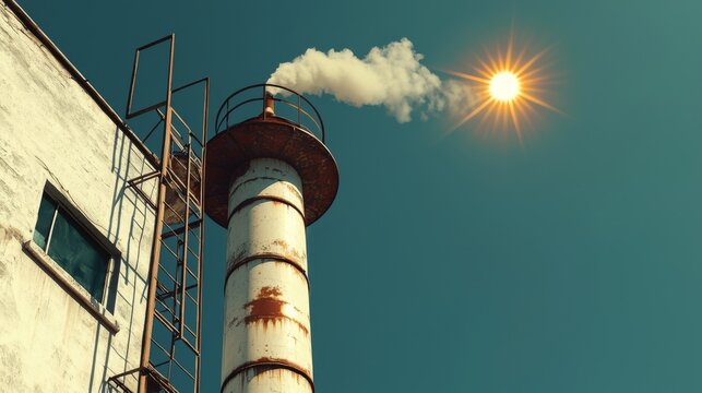An industrial facility with smoke billowing from chimneys, the white structure reflecting sunlight beneath a vivid blue sky. 
