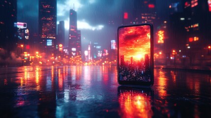 A smartphone displays a vibrant sunset over a cityscape, reflecting on a wet surface.