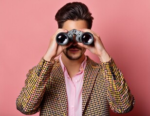 A Trendy Man in Stylish Clothes Looking Through Binoculars for Clothing Discounts and Sales Opportunities - generative AI