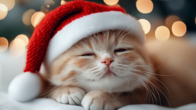 Baby red cat sleeping in Christmas Santa red hat as Christmas and New Year day. Happy pets Christmas day. Christmas warm lights on background - Powered by Adobe