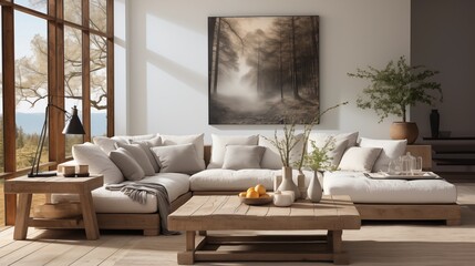 Rustic farmhouse charm with white fabric corner sofa and wooden square coffee table. Grey woven rug adds a warm and inviting feel.