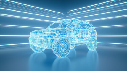 Holographic projection of futuristic car blueprint rotating with neon-blue light beams