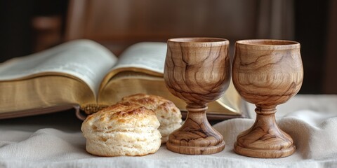 Communion still life with bread, wine, and open Bible
