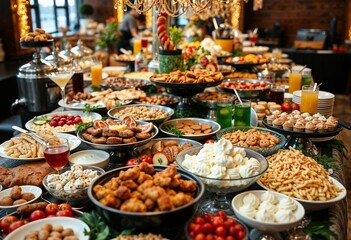 Fototapeta premium Lavish festive lunch buffet with a variety of delicious foods and drinks on display