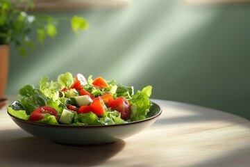 Professional food photography of a salad on the table. bright with natural lighting