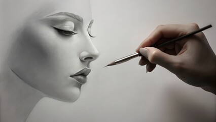 Obraz premium A Hand Holding a Pencil Finishes a Portrait of a Woman