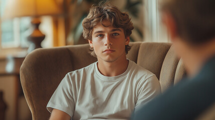 Obraz premium Therapy session featuring a thoughtful young man listening attentively in a cozy setting with copy space