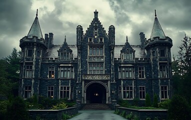 Fototapeta premium Dark gothic castle exterior under stormy sky.