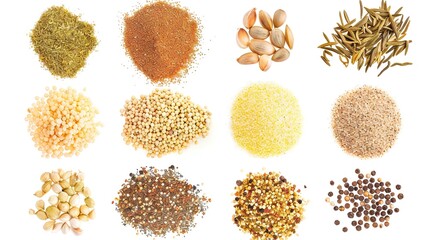 Top View of Various Seasonings - a flavorful and organized display. The vibrant spices and seasonings on the white background create a visually appealing culinary arrangement.