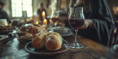 Obraz premium Communion bread, wine, and Bible representing spiritual reflection