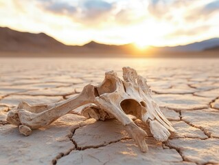 A sunlit animal bone resting on cracked earth at sunset, symbolizing nature's cycle.