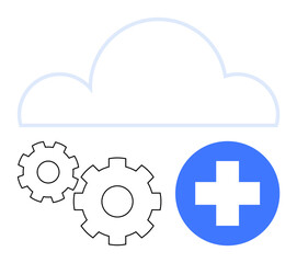 Large cloud, two gears, and blue medical cross. Ideal for technology, cloud services, automation, healthcare, digital security data management IT support. Line metaphor