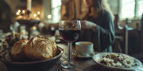Communion bread, wine, and Bible representing spiritual reflection
