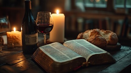Obraz premium Communion bread, wine, and Bible representing spiritual reflection