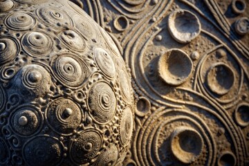 Abstract sculpture close-up with circular patterns and moon texture