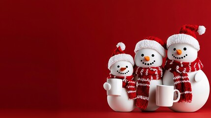 Three snowmen with hats and scarfs holding mugs