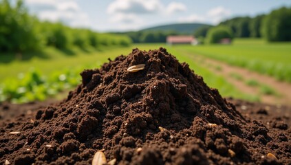 Hyper-realistic depiction of a compost heap in a rural garden showcasing decomposed materials for natural farming and sustainable living
