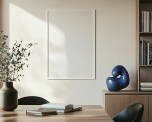 Wall art empty picture frame mockup on wooden desk, wall, table. Vase with olive branches, cactus. Elegant working space, home office concept.	
