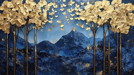 3D wall art decor in Dark blue and Golden interior painting trees forest and mountain HD
