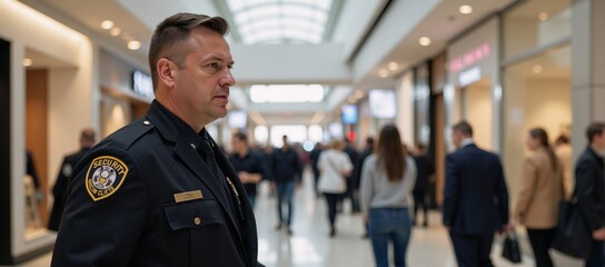 Security guard male at a shopping mall with selective focus and blurred background