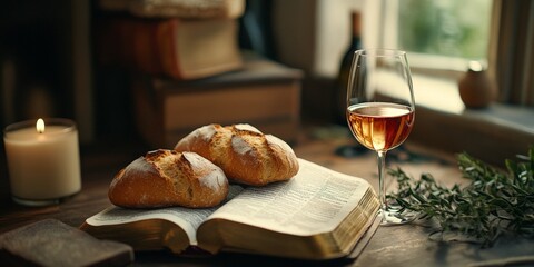 Communion bread, wine, and Bible representing spiritual reflection