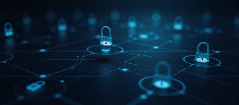 High-tech digital art illustration showcases an abstract encrypted security grid with dark blue tones and floating padlock icons featuring a futuristic cyber encryption motif