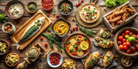 Fototapeta premium Captivating Food Photography Featuring a Map of Michigan's Upper Peninsula with Fresh Local Ingredients and Culinary Delights in a Rustic Setting