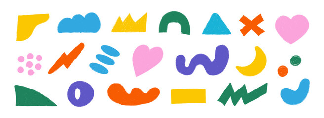 A vector set of abstract elements with hand-drawn grunge textures, including charcoal doodles, geometric shapes, and motifs like hearts, crowns, and clouds.