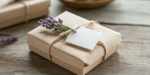 A brown box with a white tag and a purple flower on it. The box is on a wooden table