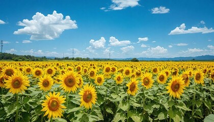 Fototapeta premium A field of sunflowers under a vivid blue sky.