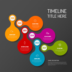 Simple solid color diagonal timeline template with content circles and buttons with years. Multipurpose time line template on dark gray background with years and icons