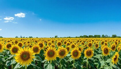 Obraz premium A field of sunflowers under a vivid blue sky.