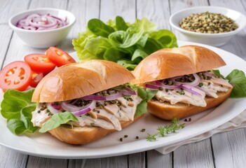 A sandwich with layers of chicken, ham, and vegetables on a wooden background