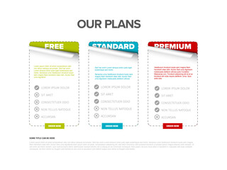 Fototapeta premium Product features schema template cards with three services, feature lists, order buttons and descriptions. Pricing table for free standard and premium subscription