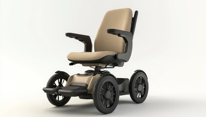 Fototapeta premium 3D Rendering of Electric Wheelchair with Beige Fabric Seat, Black Armrests, and Dark Gray Wheels on White Background
