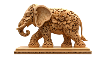 Intricate Wood Carving Elephant Figurine with Floral Patterns 3D Illustration