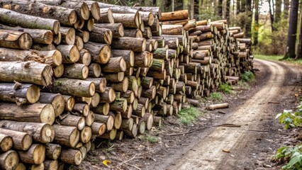 Stacked Logs Along a Forest Path