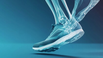 Detailed Illustration of Ankle with Visible Skeletal Structure in Running Shoe, Gradient Blue Background