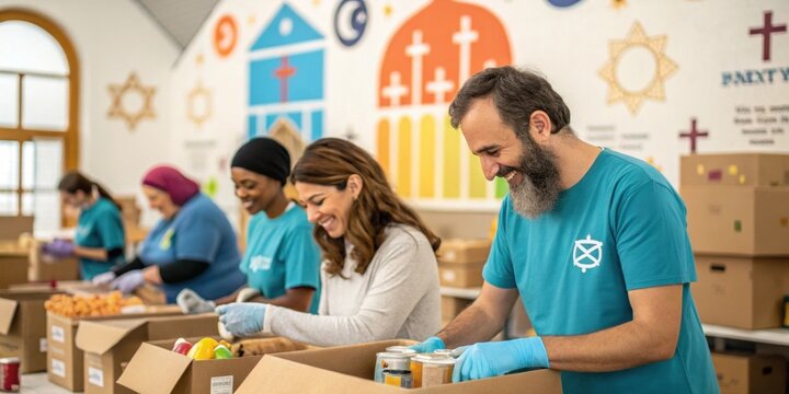 Smiling volunteers wearing gloves and preparing food donations inside cardboard boxes for a charity event, promoting social inclusion and community support